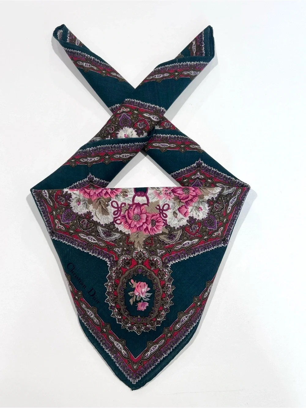 WOMEN HANDKERCHIEF CHRISTIAN DIOR Floral Green Pink Bandana Scarf COTTON 20”